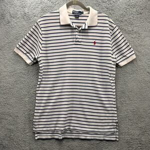Vintage Polo Ralph Lauren Mens Large Blue Black Striped Short Sleeve Polo Preppy